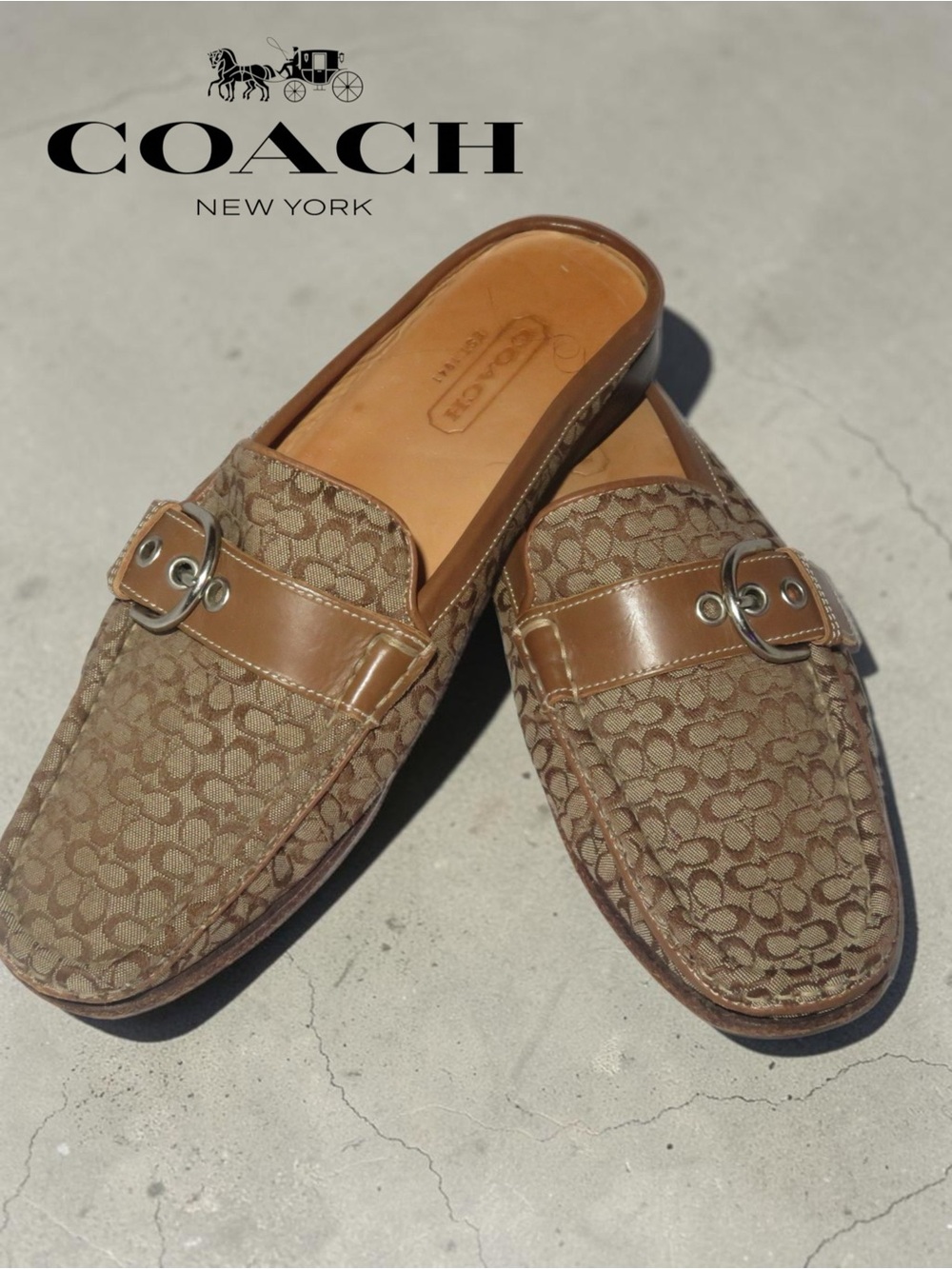 Coach Slip On Mules | Brown Monogram Buckle Loafers